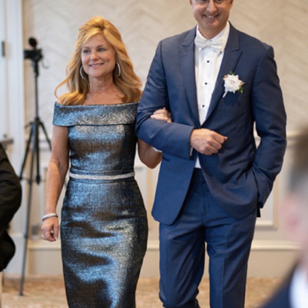 Rickie Freeman for Teri Jon Blue Silver Slit Gown - Picture 2 of 16